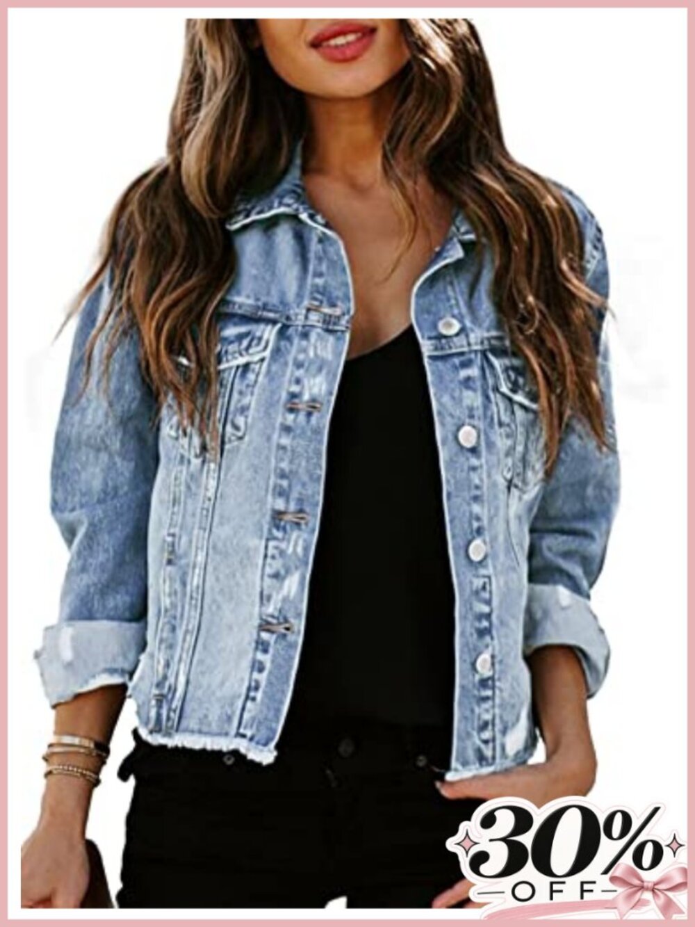 Distressed Ripped Denim Jacket Cotton Polyester Long Sleeve Button Loose Fit
